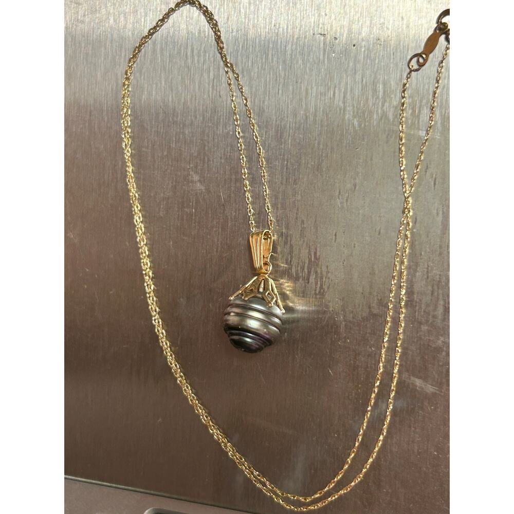 Vintage 14k Yellow Gold Baroque Dark Gray Pearl Art Deco pendant necklace 18.5” - Picture 4 of 14